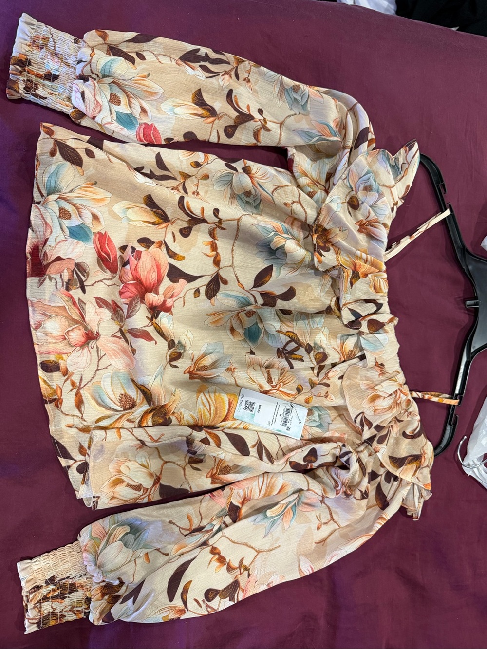 Guess Natural Magnolia Off-Shoulder Top in Cream with Brown & Pink Floral Print